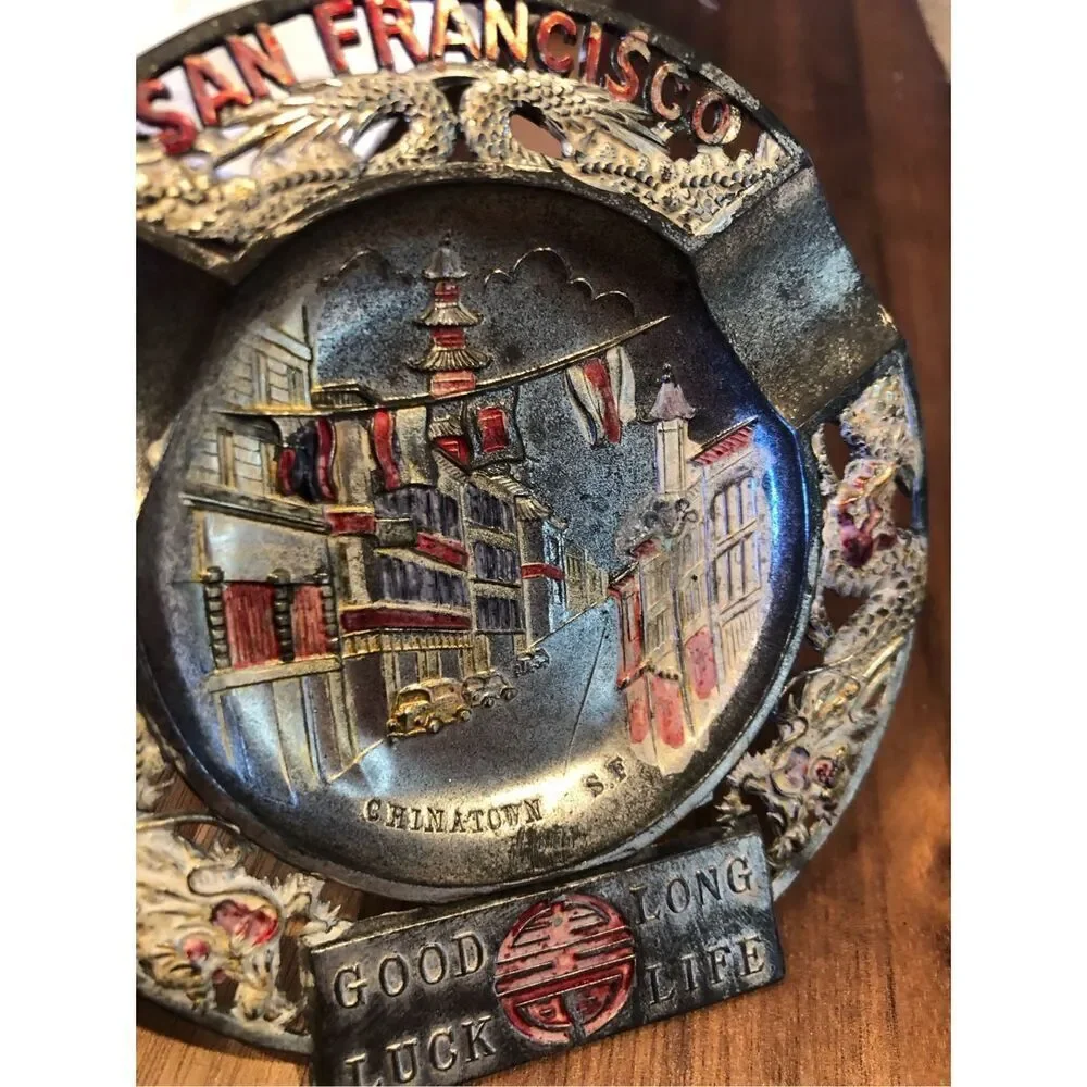 Vintage San Francisco Tin Plate Embossed Ashtray Catch All Americana Kitsch Deco